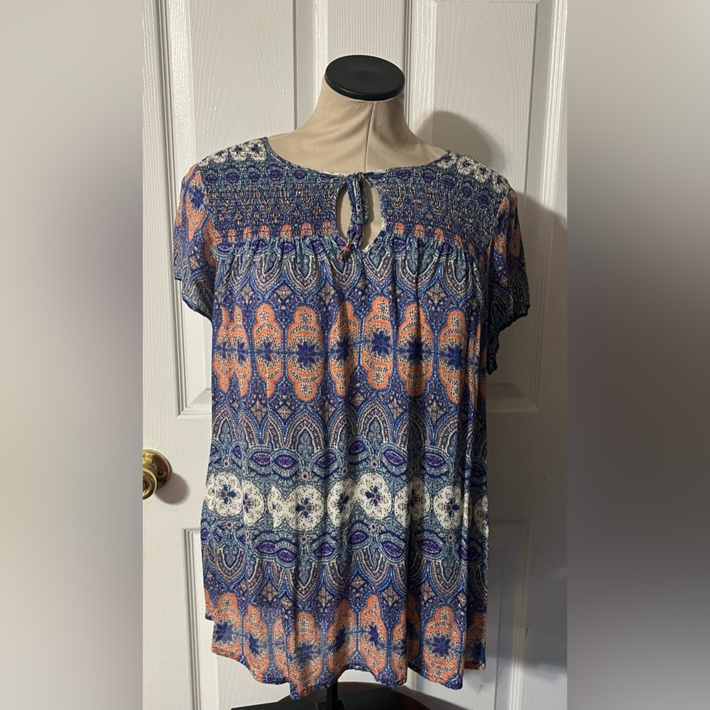 Lucky Brand Women's Short Sleeve Geometric Boho Blouse Top Shirt Size M